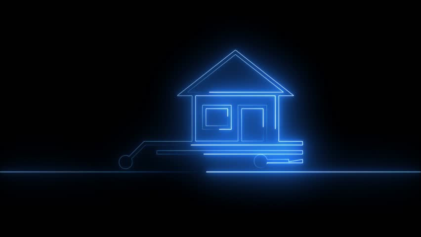 glowing home energy sign illuminated on dark background. Home location marker symbol.