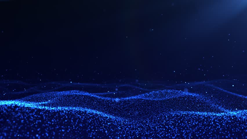 Abstract flowing smooth particles waves background. Digital network animation. Glowing digital cyber wave made of particles and dots moves on a blue background, big data, 3D, 4K, seamless loop.