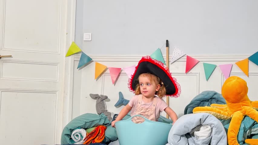 Little girl disguised like pirate pretending to sail on a sailboat in the sea in her own bed, blankets - waves and fishes around