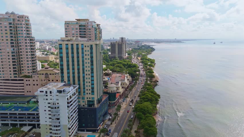 Drone view along George Washington avenue pier and cityscape, Santo Domingo, Dominican Republic