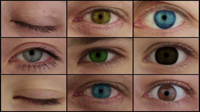 Nine different people eyes closed and opened. All irises - different colors