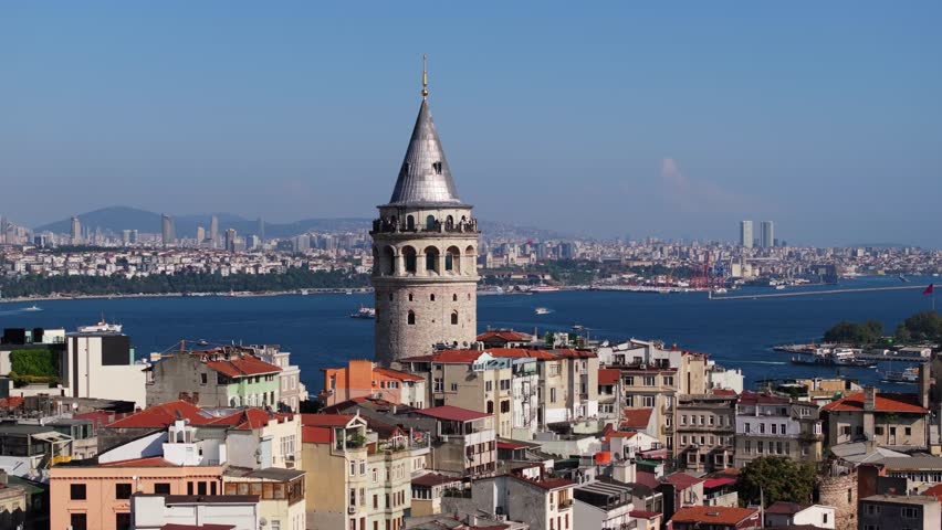 Incredible Aerial View of Galata Tower, Istanbul. Golden Horn Background. Close Up