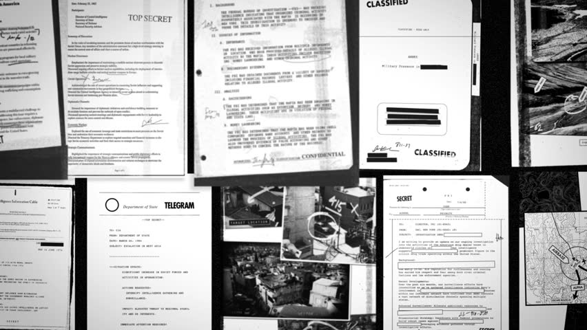 Zoom out move showing many different classified looking documents and top secret looking files and information and photos. Government agency or leaked declassified. Censored black lines and text