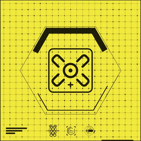 A looping square grid sequence containing typographic elements with a mix of animated digital tech style HUD icon symbols.