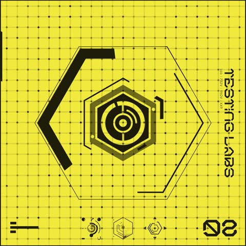 A looping square grid sequence containing typographic elements with a mix of animated digital tech style HUD icon symbols.