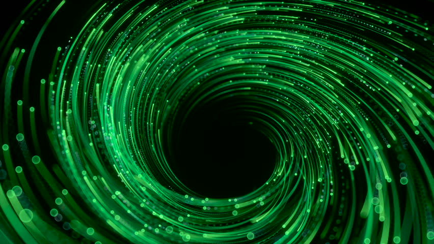 abstract animated 3d background. Glowing neon swirl of green lines, lights and particles spinning and leaving visible trails.