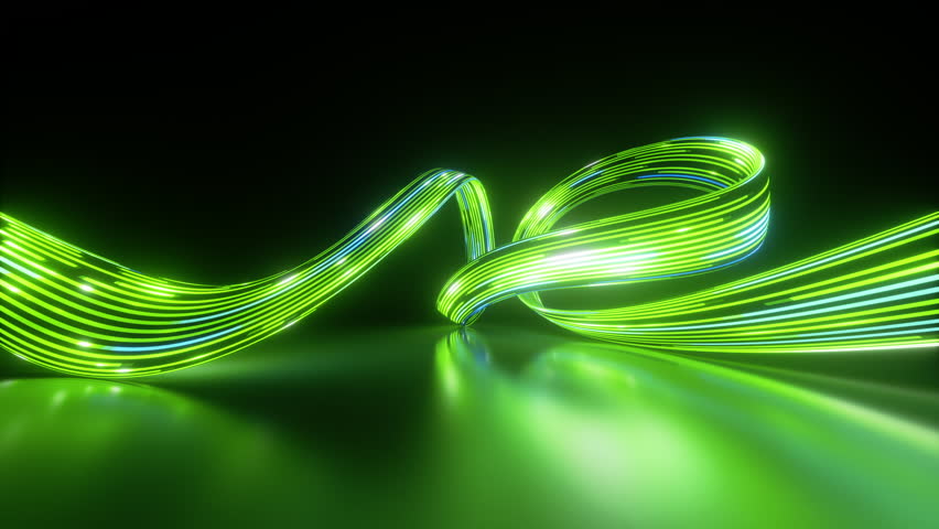 looping 3d animation. Abstract green neon background. Light pulses stream along the curvy line leaving glowing trails. Virtual network connection, digital data transfer technology