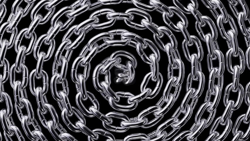 looped 3d animation of spiraling silver chain macro isolated on black background