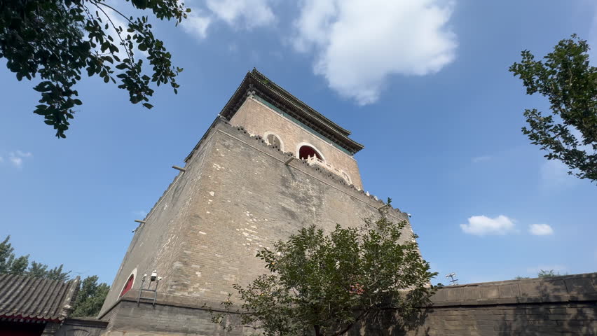Bell Tower in Beijing, China. Low angle view. Old Chinese architecture