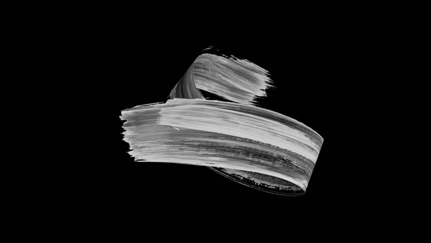Creative 3D animation. Monochrome brush stroke moves on a spontaneous trajectory, isolated on black background. Abstract shape drawn with paint