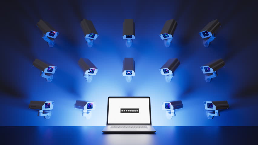 3d animation. Wall-mounted security cameras rotate and start recording while laptop cover is opening. Total control concept. Digital monitoring