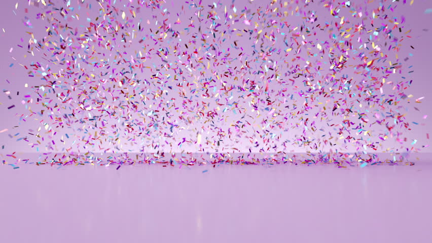 3d video. Explosion of colorful foil confetti on a pastel purple background. Abstract holiday wallpaper, festive intro