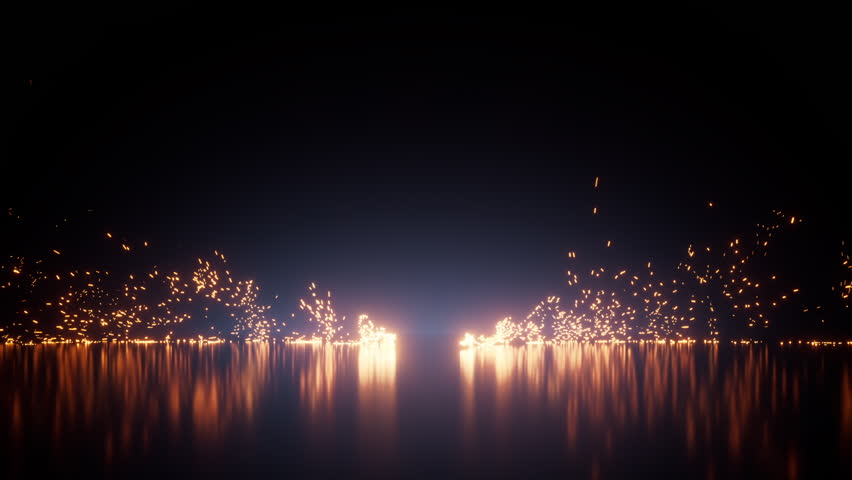Animated 3D background. Two plumes of fire converge in the center, sparks collide, fly apart and disappear in the darkness. Intro for Chinese New Year Festival. Fire show