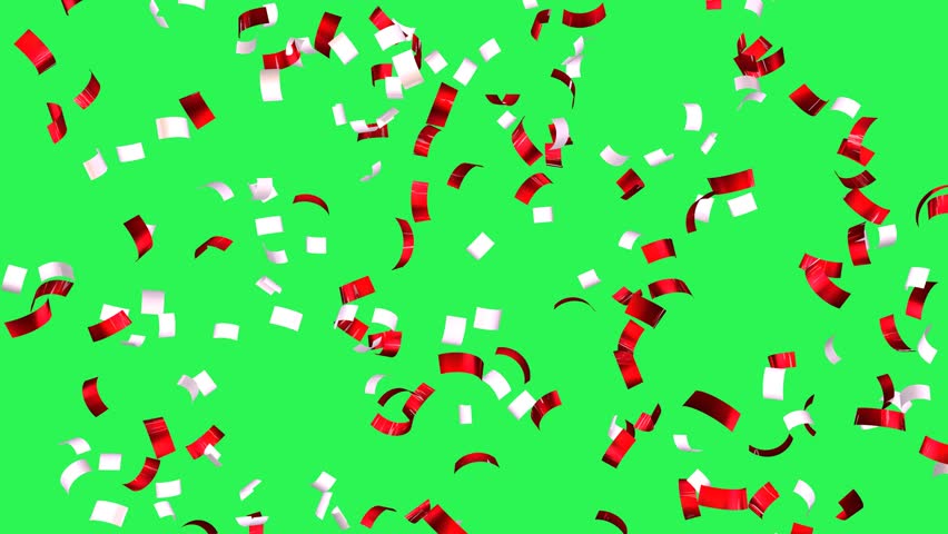 Red and white glossy confetti falling on green screen background. Festive effects. 3D animation.