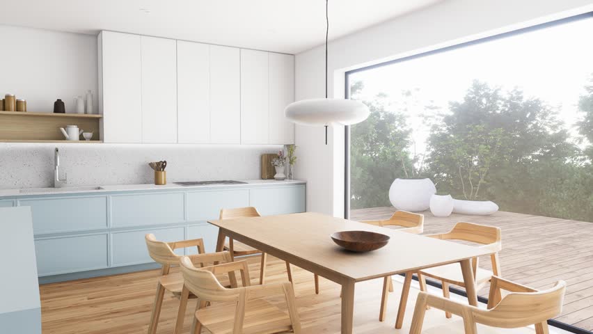 This stylish kitchen showcases beautiful blue accents, warm wooden flooring, and a serene, picturesque view. 3d animation. 3D Illustration