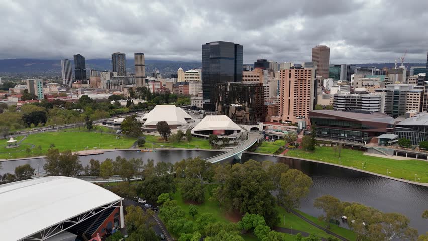This drone shot tracks around the River Torrens showing the Adelaide Riverbank precinct. The video provides a stunning view of the Adelaide City skyline and is a great establishing shot for a story.
