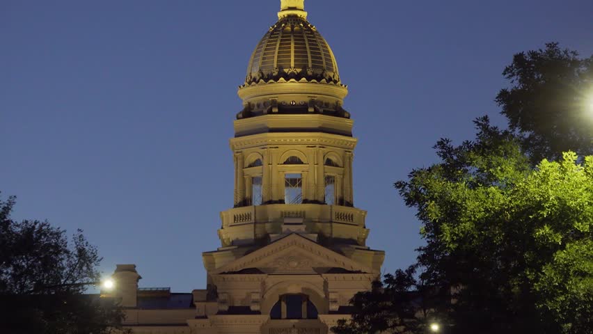 The State Capitol Building at night, Cheyenne Wyoming, USA, slow zoom out