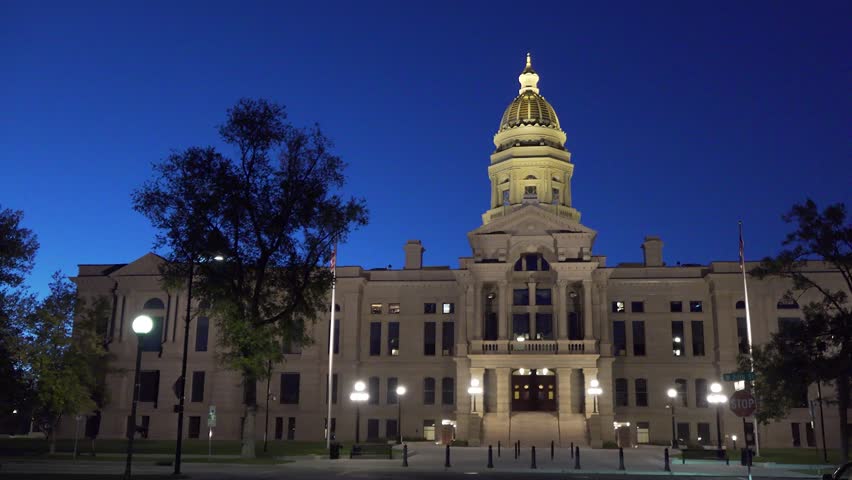The State Capitol Building at night, Cheyenne Wyoming, USA, pan