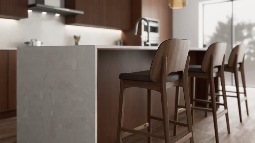 This stylish and modern kitchen boasts beautiful wood cabinets, convenient island seating, and inviting warm lighting. 3d animation. 3D Illustration