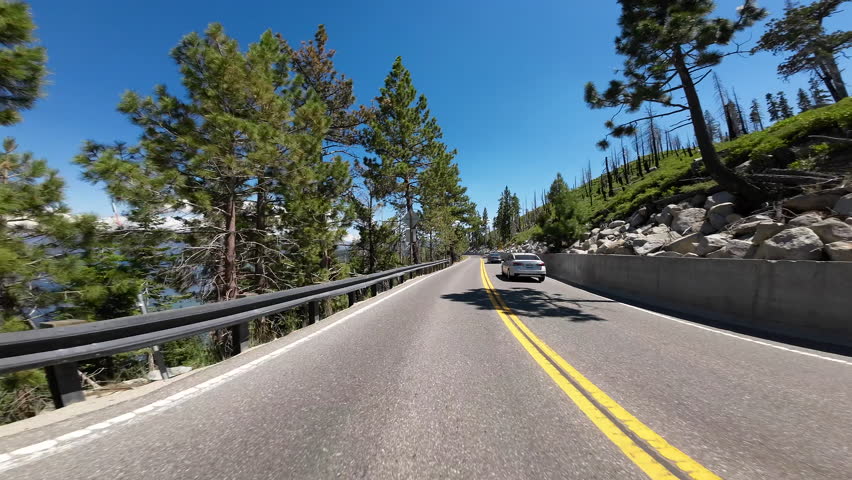 Lake Tahoe Emerald Bay Road 02 Rear View Eagle Point 89 Northbound Driving Plates California USA Ultra Wide