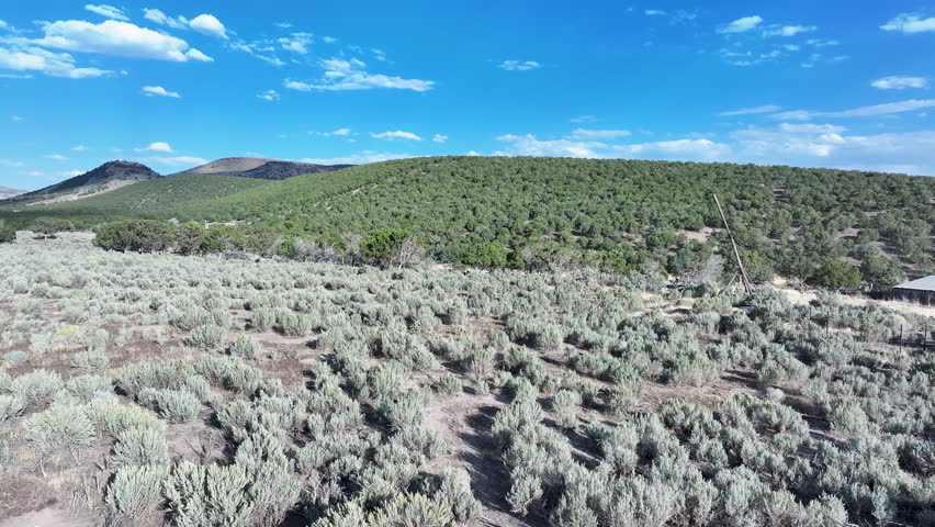 Aerial old homestead farm rural Utah 1. Antique farm homestead buildings and equipment abandoned in rural community. Farming agriculture Utah. Animal livestock corrals, fences and stock buildings.