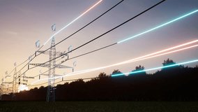Visualization of energy stream travelling through overhead electrical transfer lines over sunset horizon sky. AR data of sustainable electricity flowing inside web of interconnected cables, 3D render - Powered by Shutterstock - Get 15% off with code: PIKWIZARD15