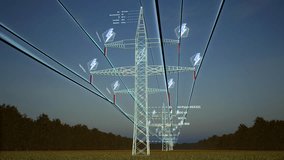 AR data visualization of energy flowing through overhead power lines used in electric transmission and distribution. Steel tower high voltage electrical cables over night sky, 3d render animation - Powered by Shutterstock - Get 15% off with code: PIKWIZARD15
