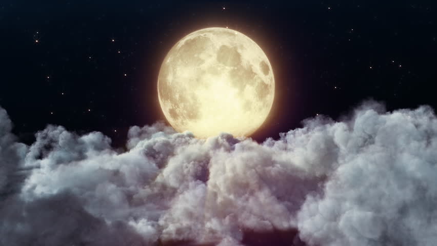 Flying Passing Night Cloud with The Moon. 3D rendering. Halloween night clouds and star with the moon in on dark background.