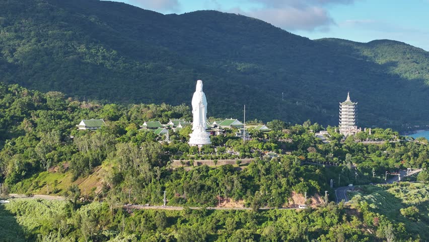 Aerial view of statue Lady Buddha, Ling Ung pagoda, Da Nang, Vietnam.