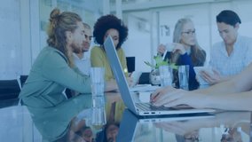 Animation of network of connections with icons over diverse colleagues having meeting in office. Global connections, business and digital interface concept digitally generated video. - Powered by Shutterstock - Get 15% off with code: PIKWIZARD15