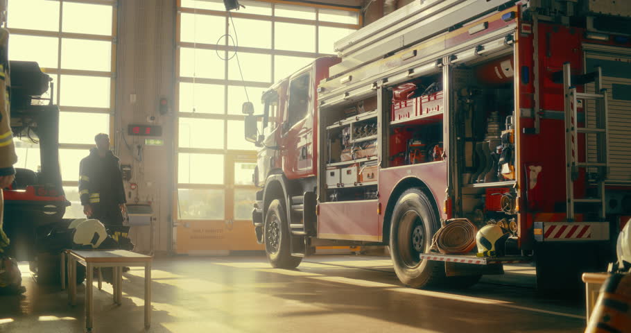 Team of Firefighters, Including a Young Female Crew Member, Rush to the Garage as the Alarm Sounds. They Gear Up Quickly, Climb Into the Fire Truck, and Head Off to Respond to an Emergency. Warm Color