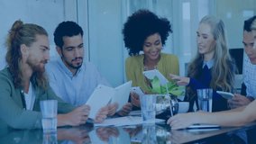 Animation of network of connections with icons over diverse colleagues having meeting in office. Global connections, business and digital interface concept digitally generated video. - Powered by Shutterstock - Get 15% off with code: PIKWIZARD15