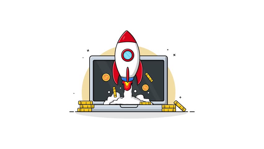 4K Laptop with Rocket and Gold Coin. Money Boosting Concept Animation Video
