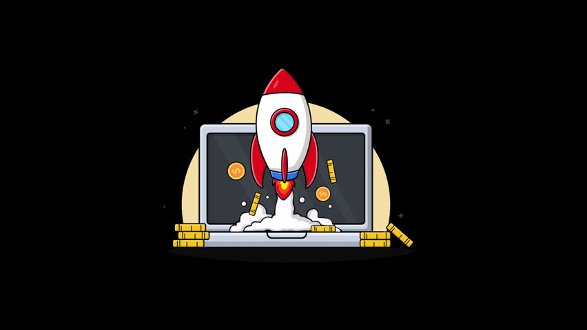 Laptop with Rocket and Gold Coin. Money Boosting Concept Animation Video - Transparent