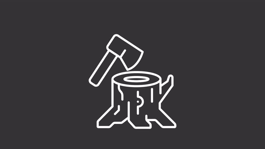 Deforestation white line animation. Animated tree stump, axe icon. Forest degradation and exploitation. Chopping wood. Isolated illustration on dark background. Transition alpha video. Motion graphic