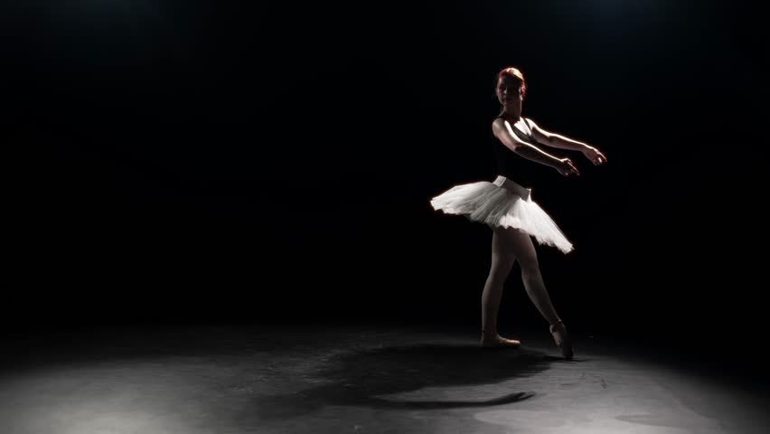 Ballerina dancing alone on stage, professional ballet dancer, silhouette in dark . Beauty and grace of young adult slender woman, art performance in theatre, classical dance show, slow motion shot