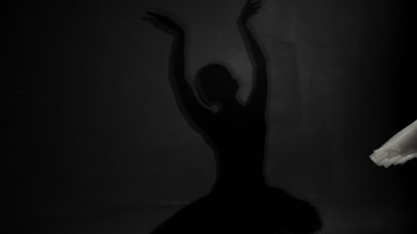 Shadow of beautiful slender ballerina on grey wall, classic ballet dance. Graceful ballet dancer woman dancing alone, mysterious dark silhouette of lady moving hands slowly, art, beauty and culture