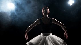 Classic art performance on stage, young talented ballerina dancing, back view. Mysterious silhouette in darkness, ballet dancer performing choreography in dance class, beauty and grace of female body - Powered by Shutterstock - Get 15% off with code: PIKWIZARD15