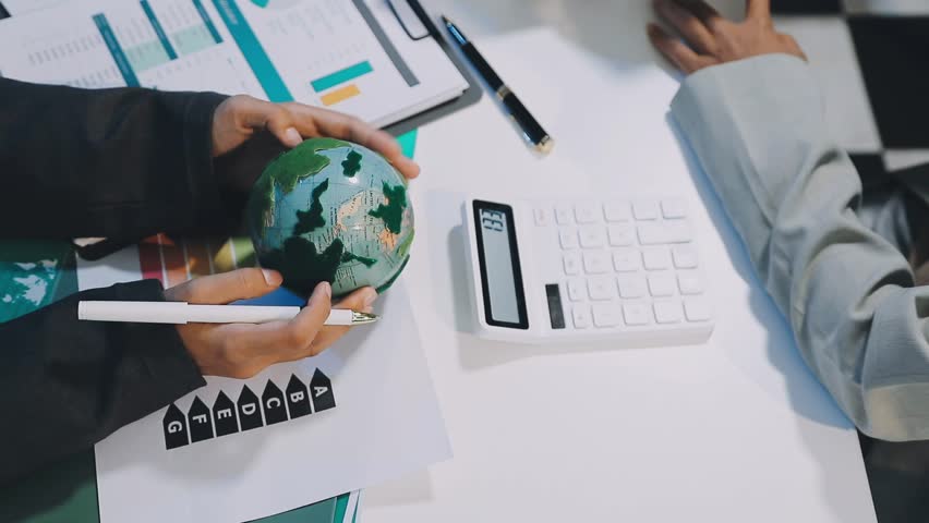 Carbon offset price report CO2 emission. Future growth Net zero waste in ESG ethical SME office protect climate change global warming social issues project. Group of asia people Eco friendly SDGs plan