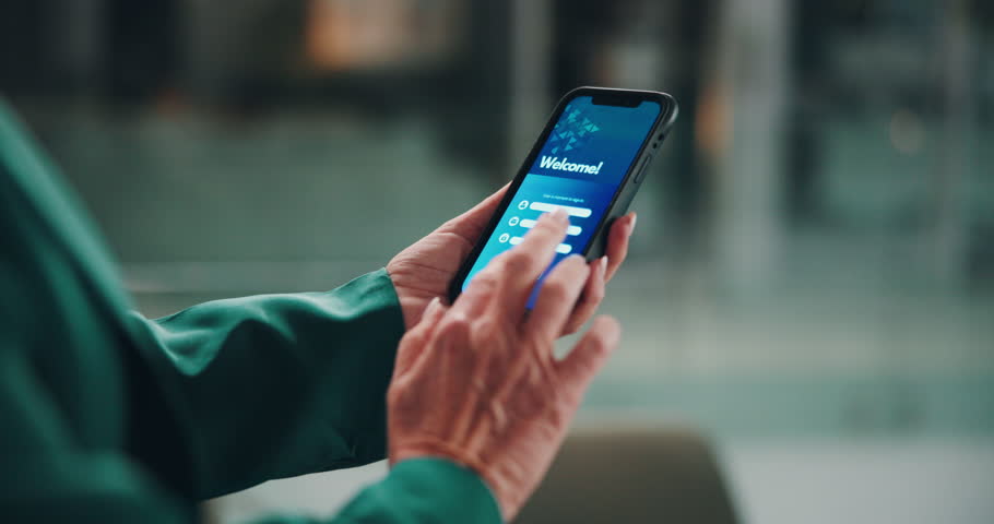 Hands, business and person with phone screen for sign up application, faq website and online subscription. Employee, mobile app or menu for company welcome, information site and process of membership