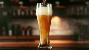 Super Slow Motion of Pouring Beer into Long Pint. Filmed on High Speed Cinema Camera, 1000 fps. Blur Industrial Interior on Background. - Powered by Shutterstock - Get 15% off with code: PIKWIZARD15