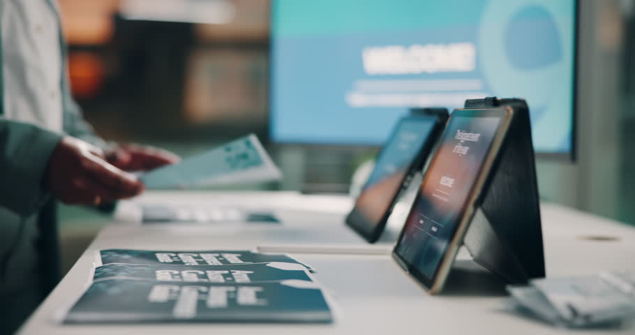 Hands, conference and tablet with expo discussion for brochure, information or showcase. Product exhibition, digital info and networking pitch with tech at seminar for workshop, tradeshow or event