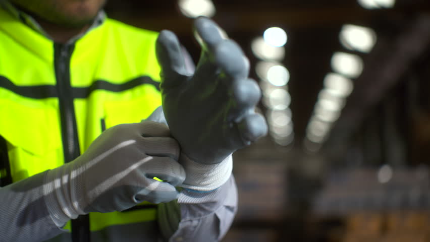 Close up hand worker wearing putting protective safety glove. Safety equipment for industry factory. Safety at work concept.
