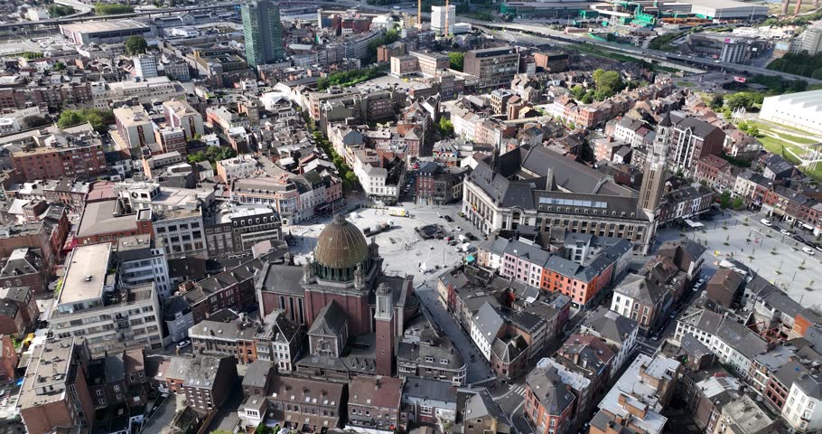 Charleroi city centre square, Wallonia, Belgium,The town hall, Place Vauban , the Saint Christophe church.