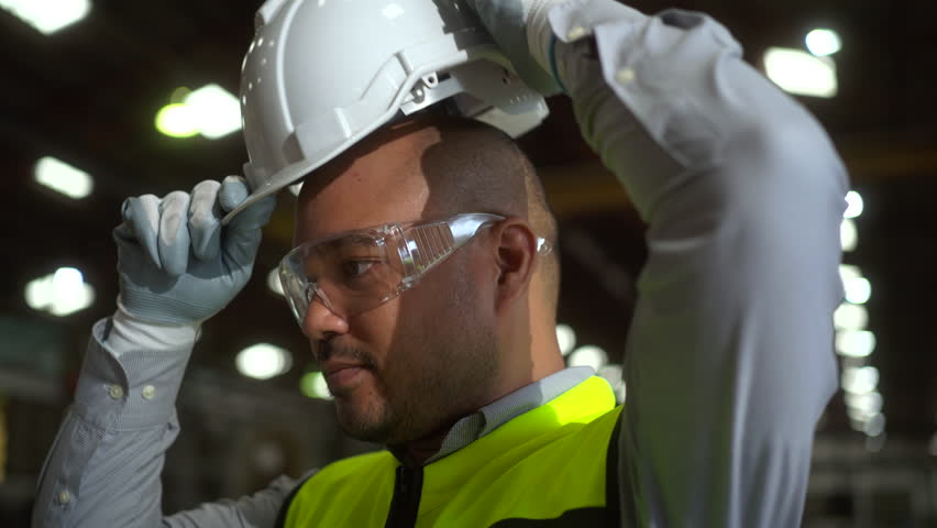 Close up engineer wearing protective safety helmet or hard hat. Safety equipment for industry factory. Safety at work concept.
