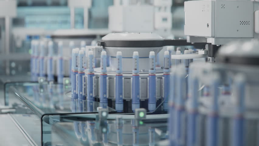 Insulin Injection Pens on Conveyor Line during Production Process at Modern Pharmaceutical Factory. Weight Loss Medication Manufacturing. Medicinal Drug Production Plant.