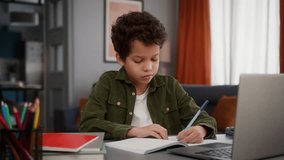 Concentrated African American son male kid child boy pupil student schoolboy study at home with laptop computer studying distant learning homework e-learning writing lesson class online education - Powered by Shutterstock - Get 15% off with code: PIKWIZARD15