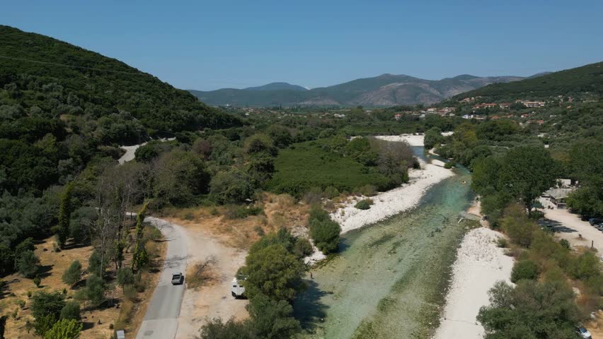 Aerial view of Acheron river and mountains in Greece