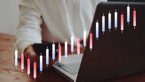 Animated chart of red and blue Chinese candles on the background. Businessman working on a laptop and with a smartphone. The concept of earning money without doing anything. Cg - Powered by Shutterstock - Get 15% off with code: PIKWIZARD15