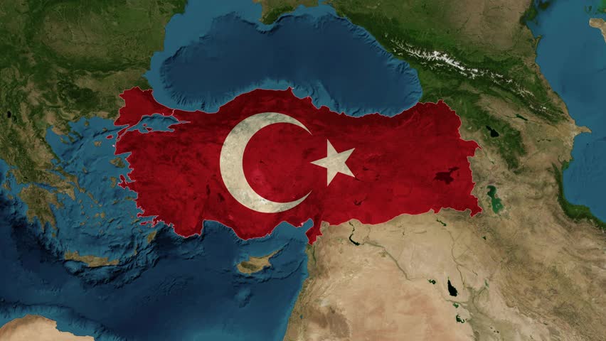 Zoom from Earth to Turkey - Türkiye. (Highlighted) World map animation with highlighted borders of countries.
